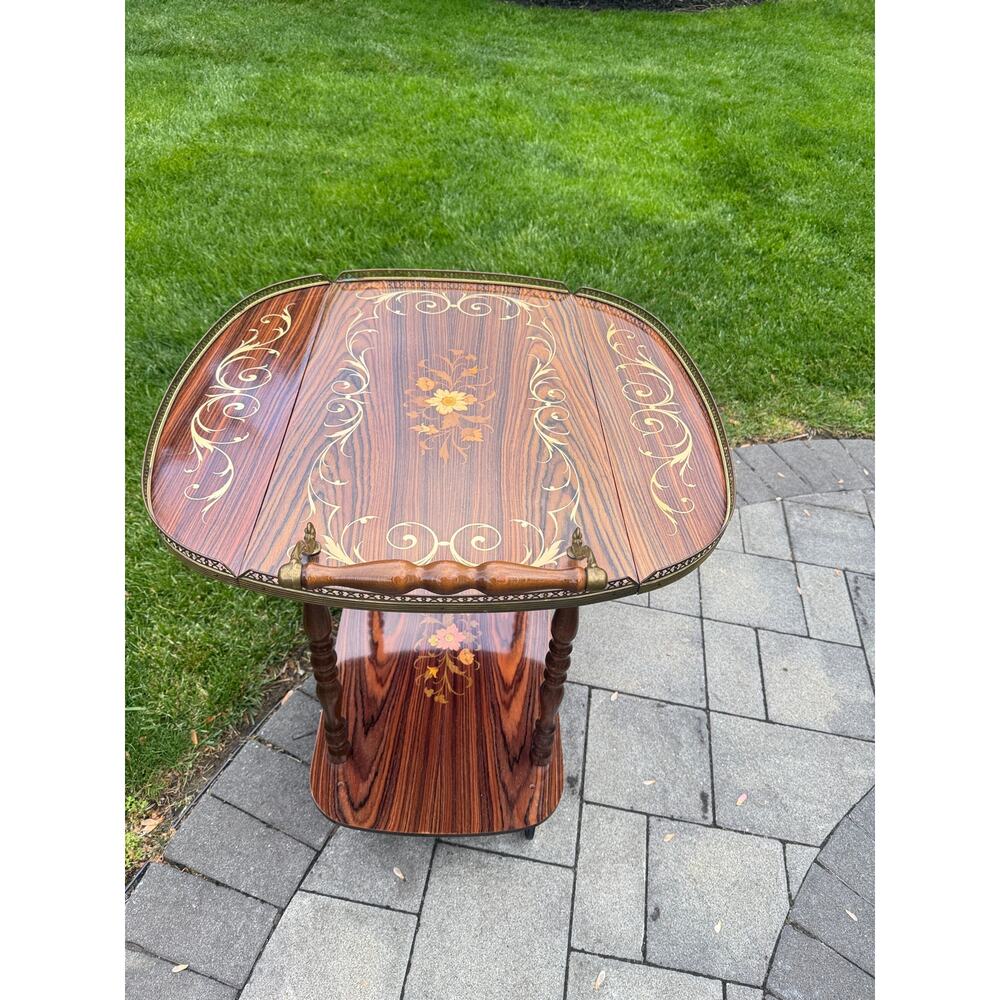 VTG Italian Marquetry Tea & Bar Cart Wood Serving Drop Leaf ~Great For Display